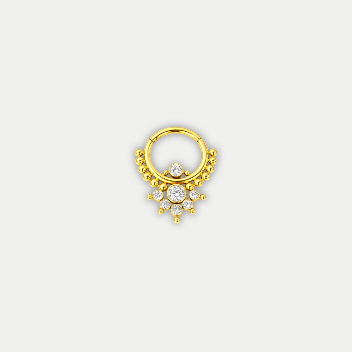 Anneau piercing Albane en titane gold avec zircon, vu de face