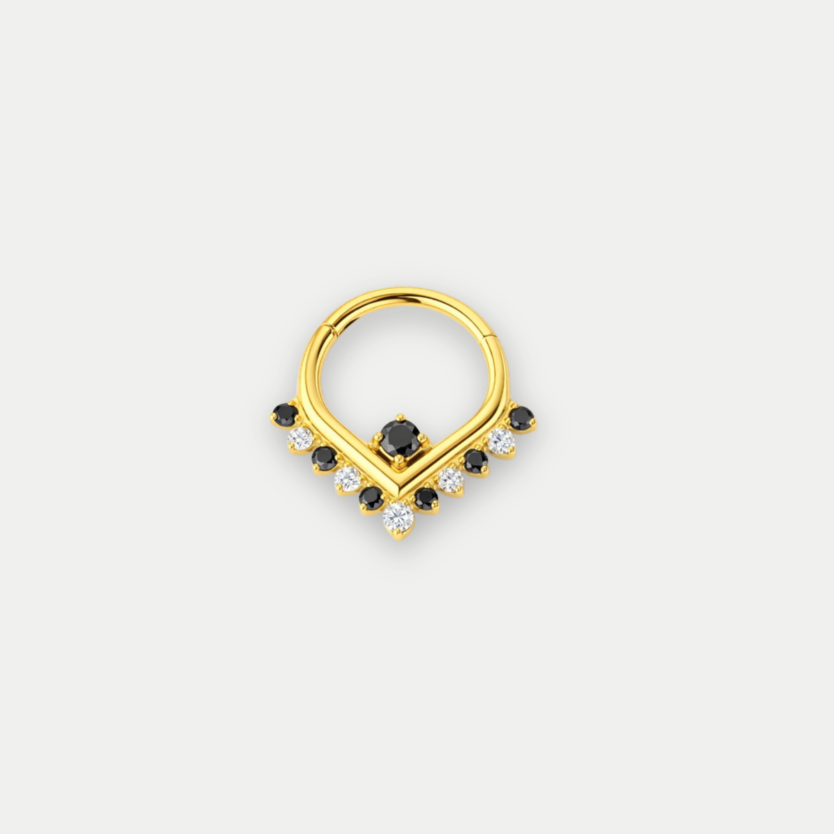 Anneau piercing Alina en titane gold avec zircon noir, vu de face