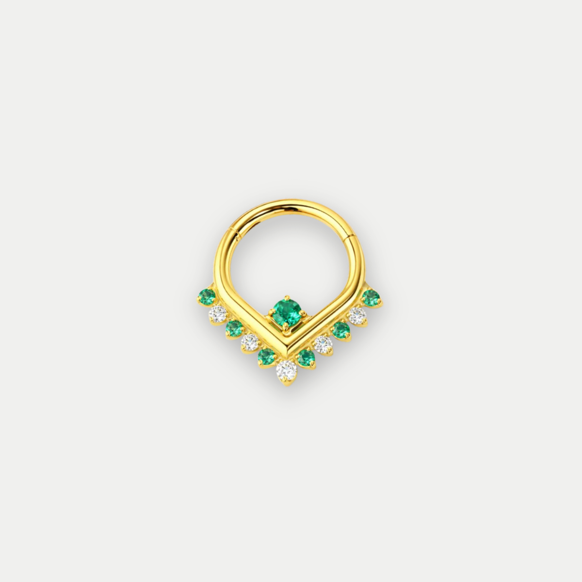 Anneau piercing Alina en titane gold avec zircon vert, vu de face