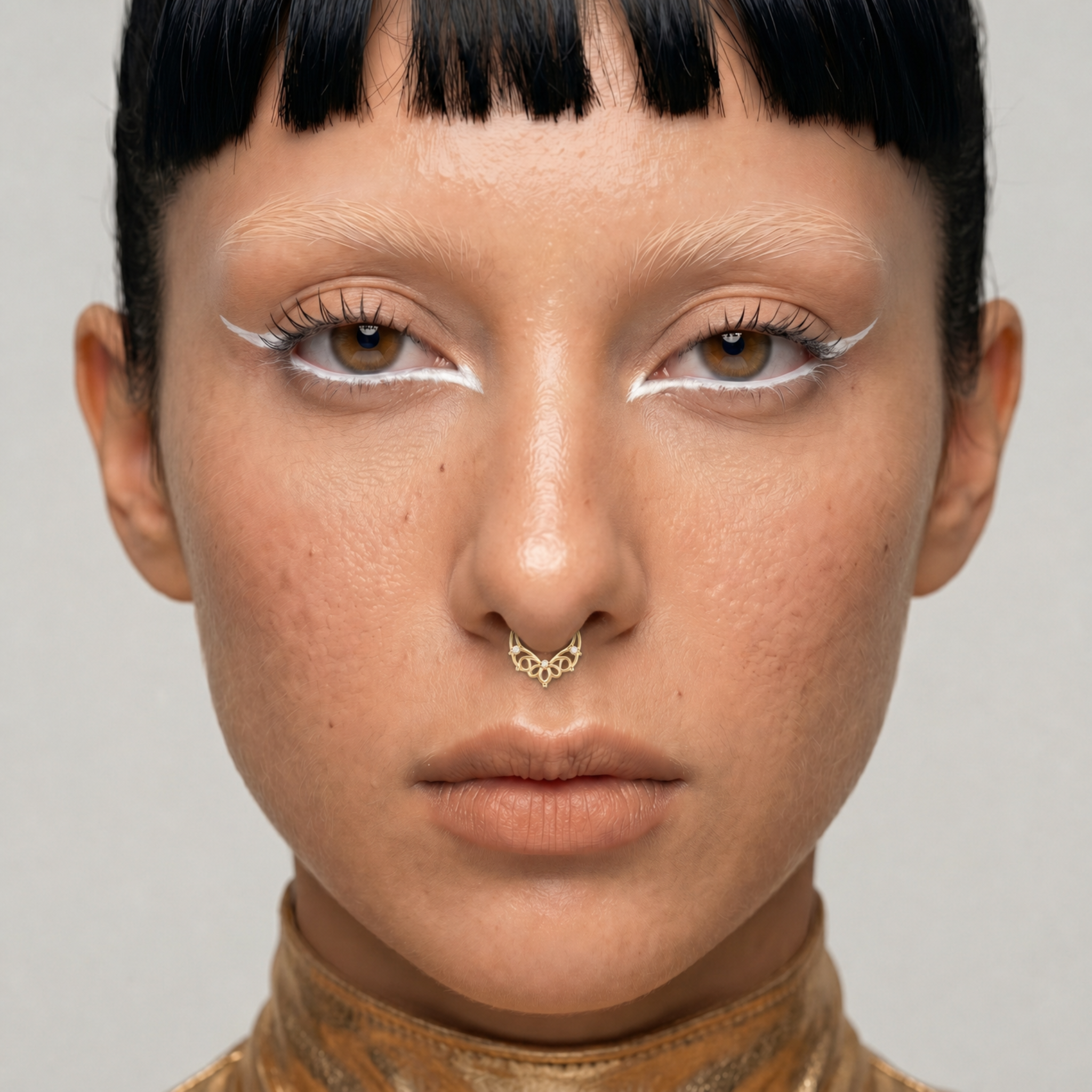 Anneau piercing Aura porté au septum en titane gold sur modèle avec détails ajourés délicats et finition brillante