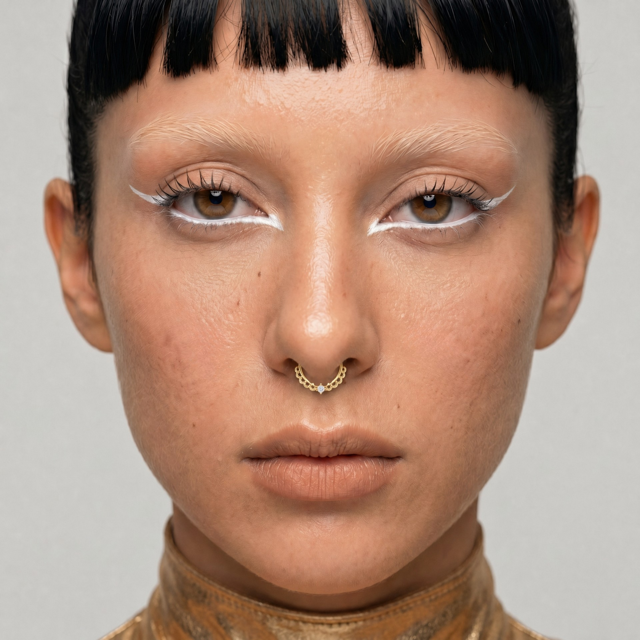 Anneau piercing Aurea porté au septum en titane gold sur modèle avec détails ajourés et zircon central serti