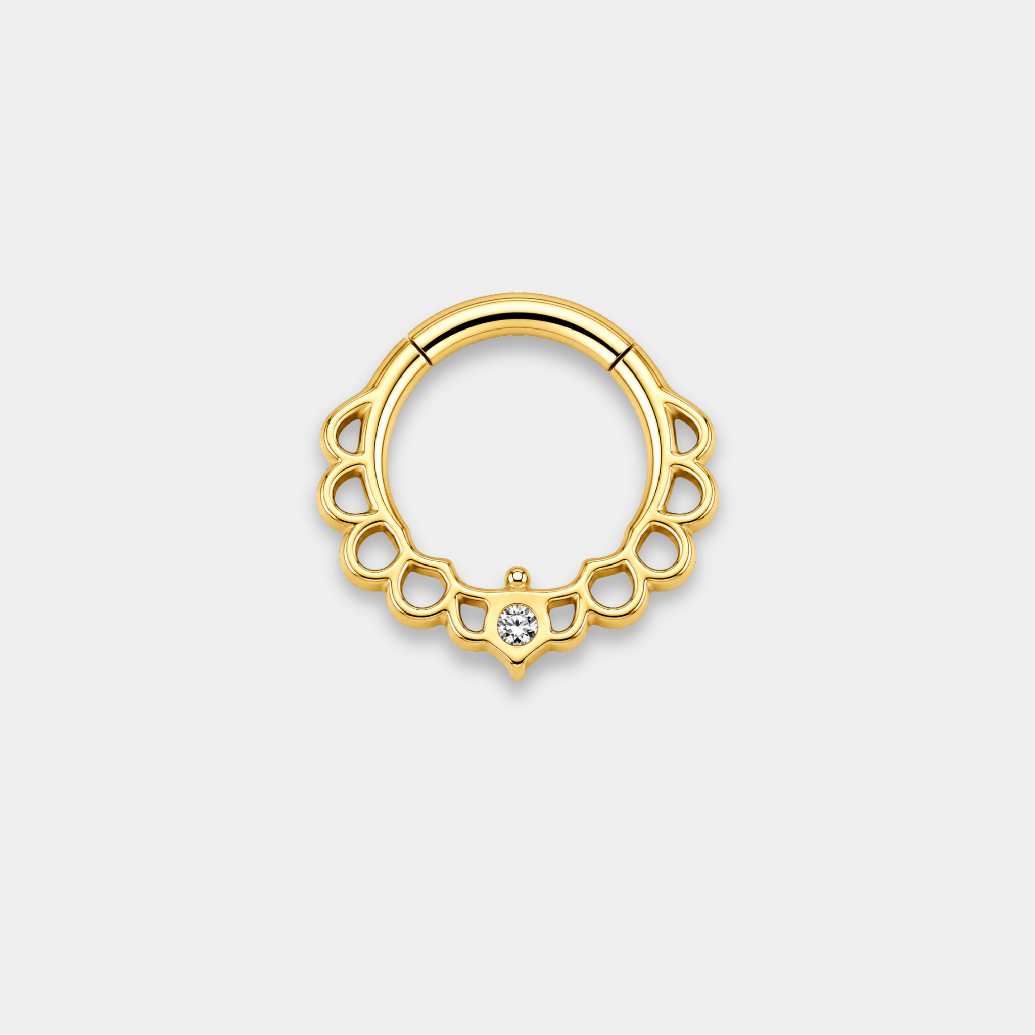 Anneau piercing Aurea en titane gold vu de dos avec détails perlés ajourés et zircon central serti