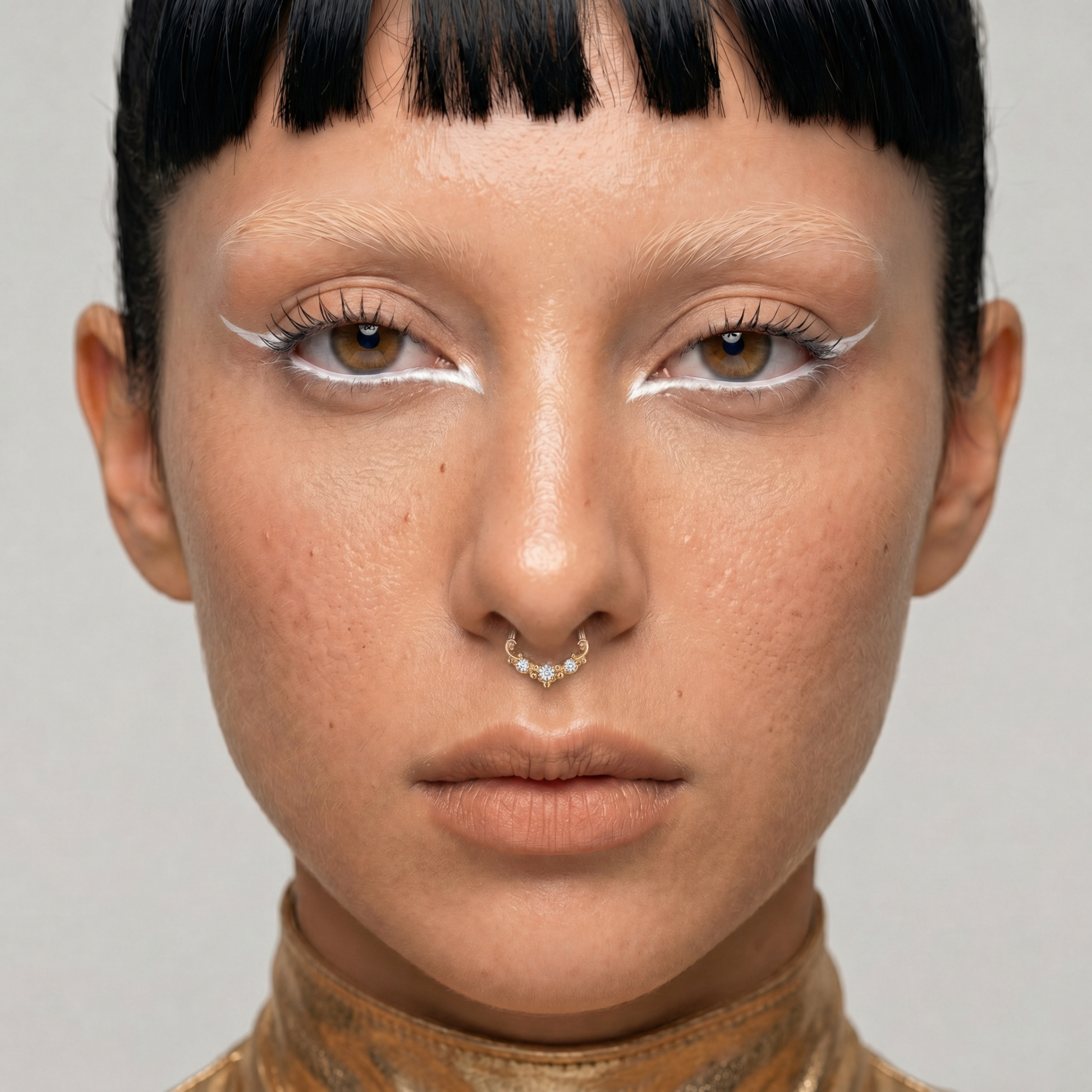 Anneau piercing Aurel porté au septum en titane gold sur modèle avec trois zircons sertis et détails perlés