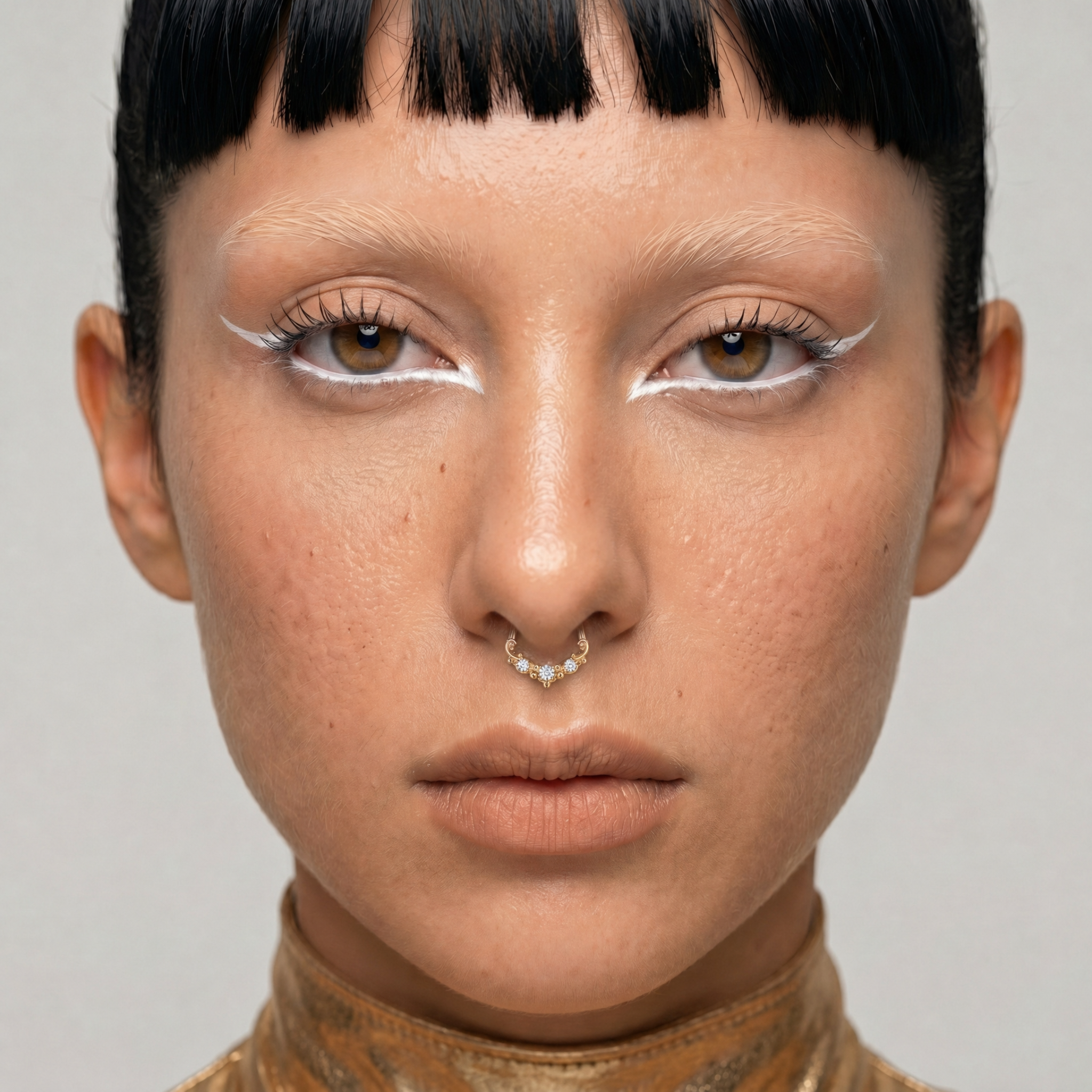Anneau piercing Aurel porté au septum en titane gold sur modèle avec trois zircons sertis et détails perlés