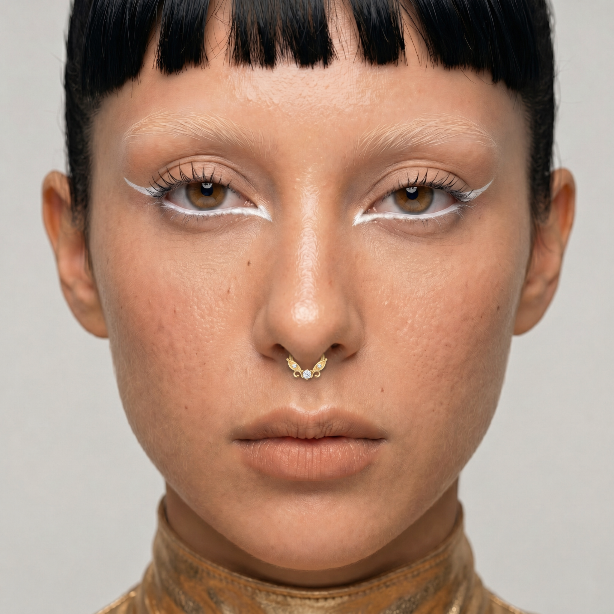 Anneau piercing Celia porté au septum en titane gold sur modèle avec zircon central serti, petits zircons latéraux et détails en forme d’ailes