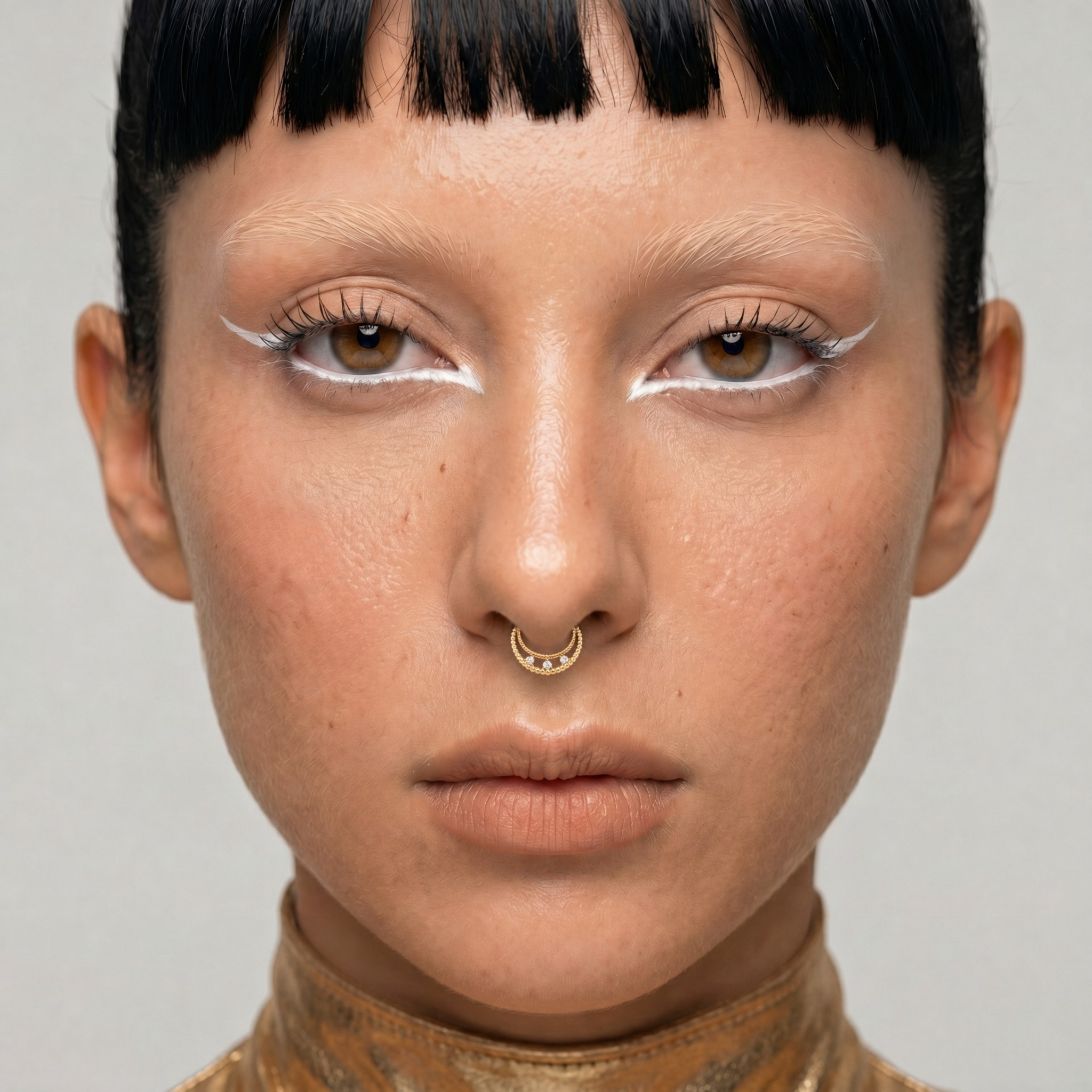 Anneau piercing Elio porté au septum en titane gold sur modèle avec double rangée perlée et trois zircons sertis