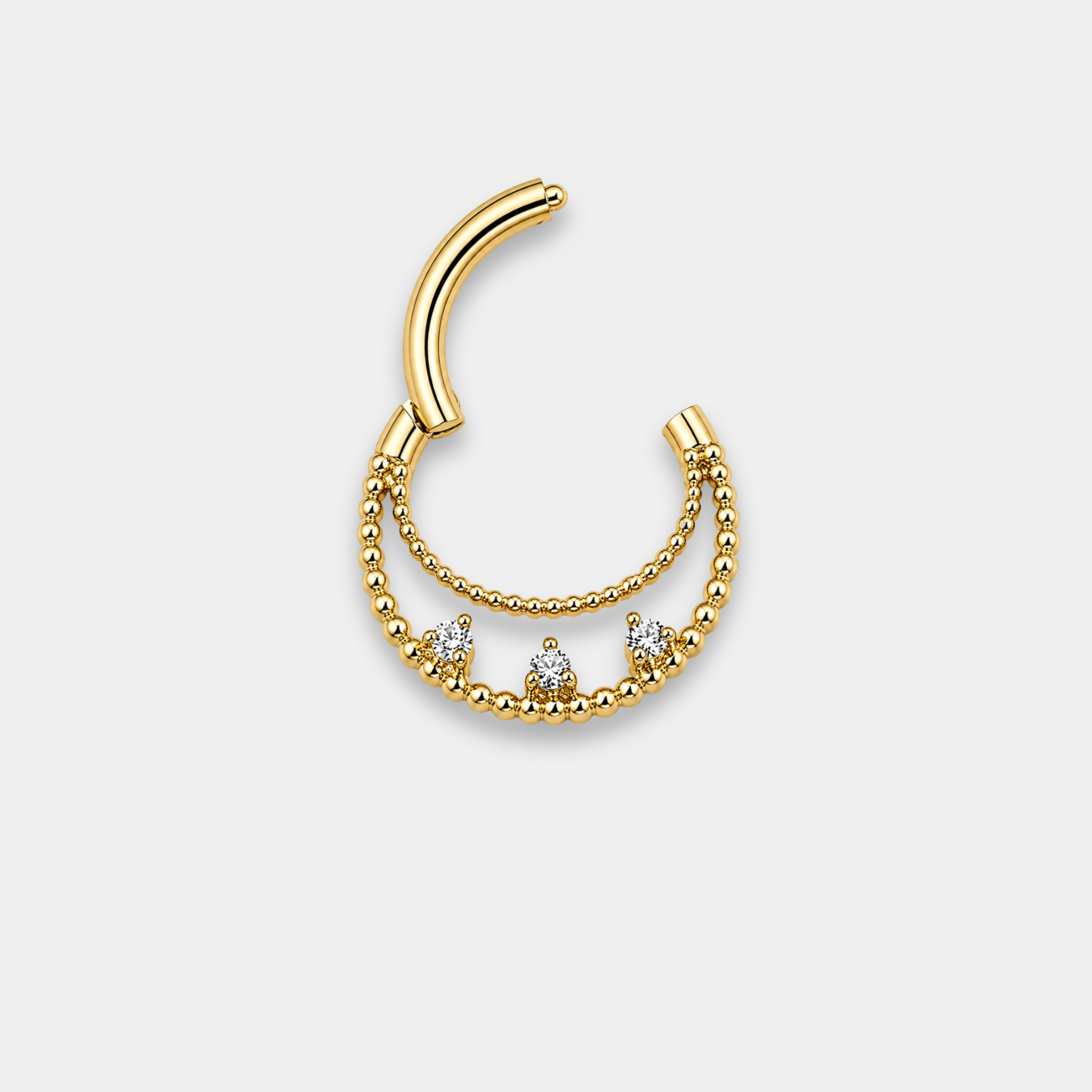 Anneau piercing Elio ouvert en titane gold avec double rangée perlée et trois zircons sertis