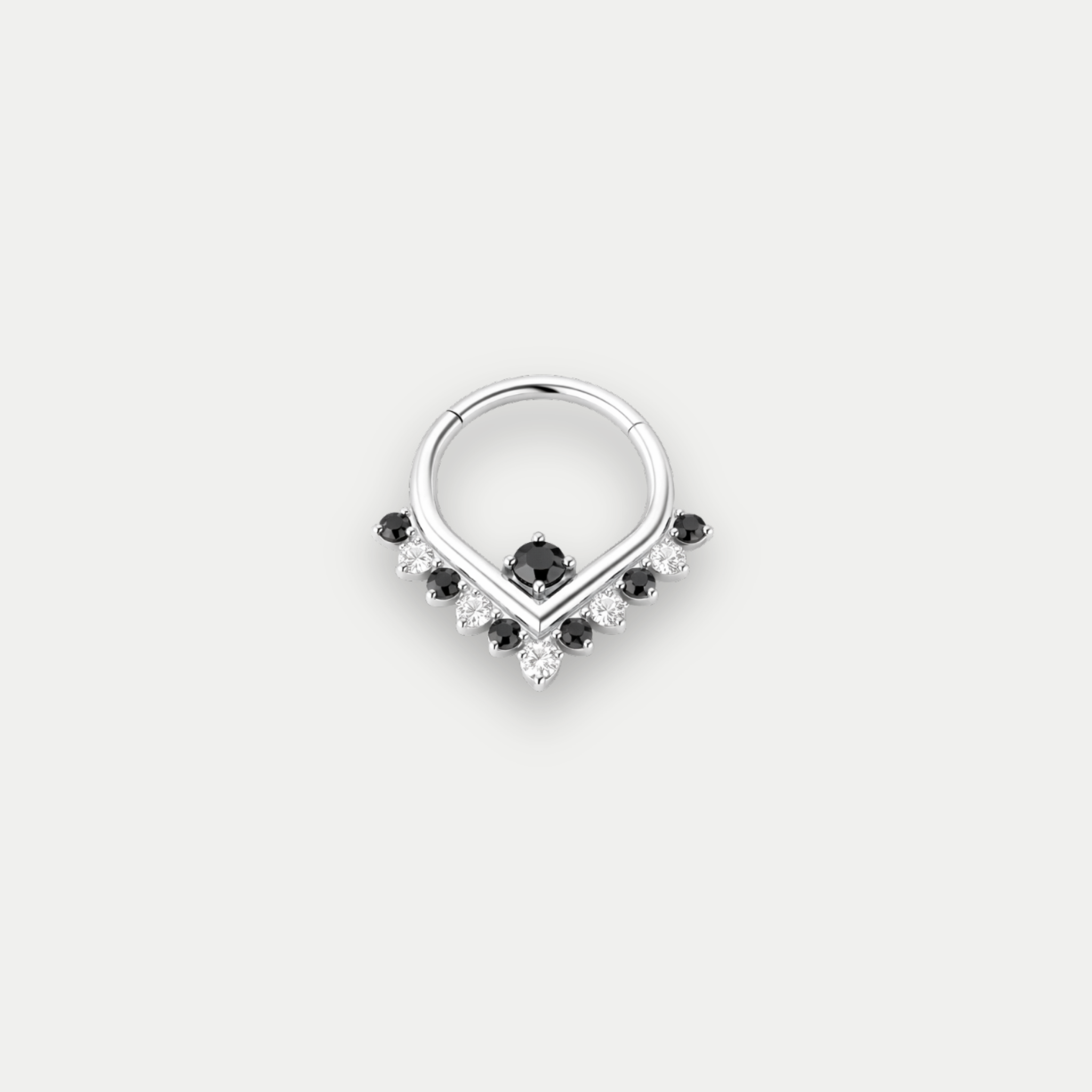 Anneau piercing Mena en titane ASTM F136 avec zircons noirs et blancs motif V
