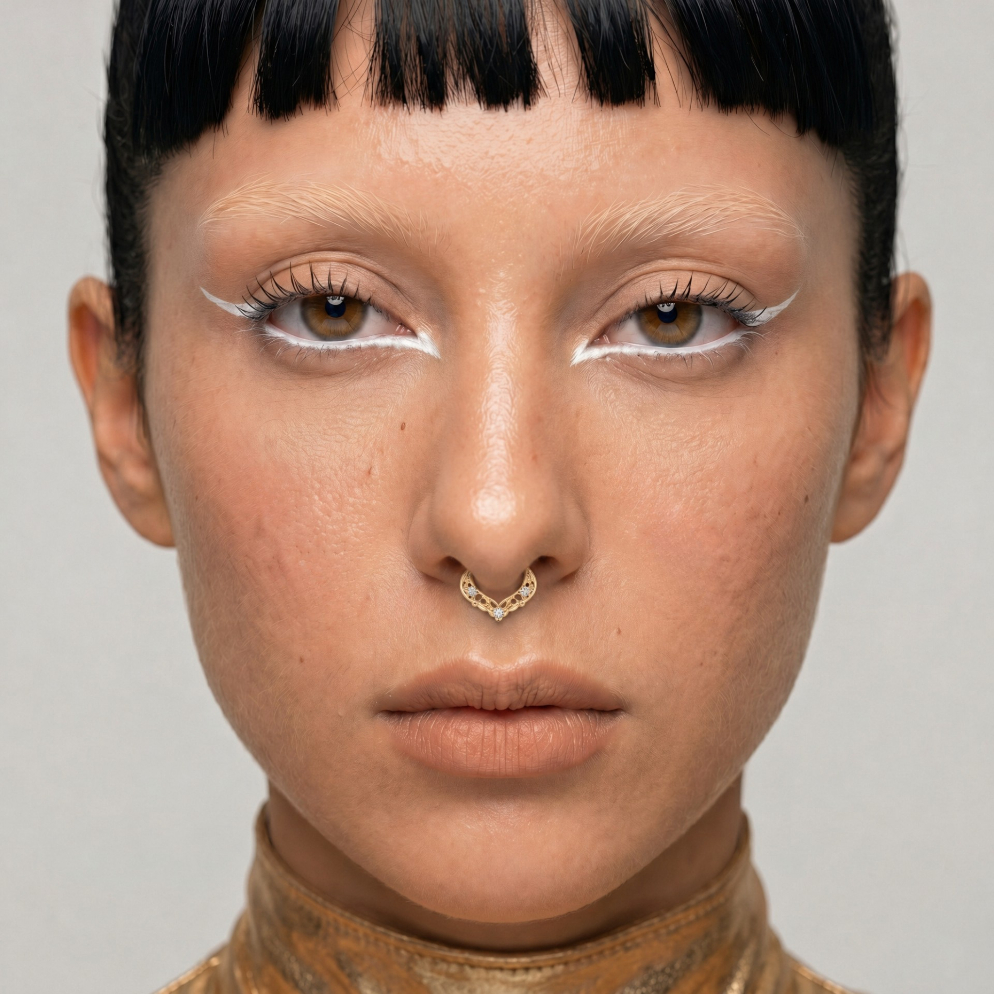 Anneau piercing Orion porté au septum en titane gold sur modèle avec détails ajourés délicats et trois zircons sertis