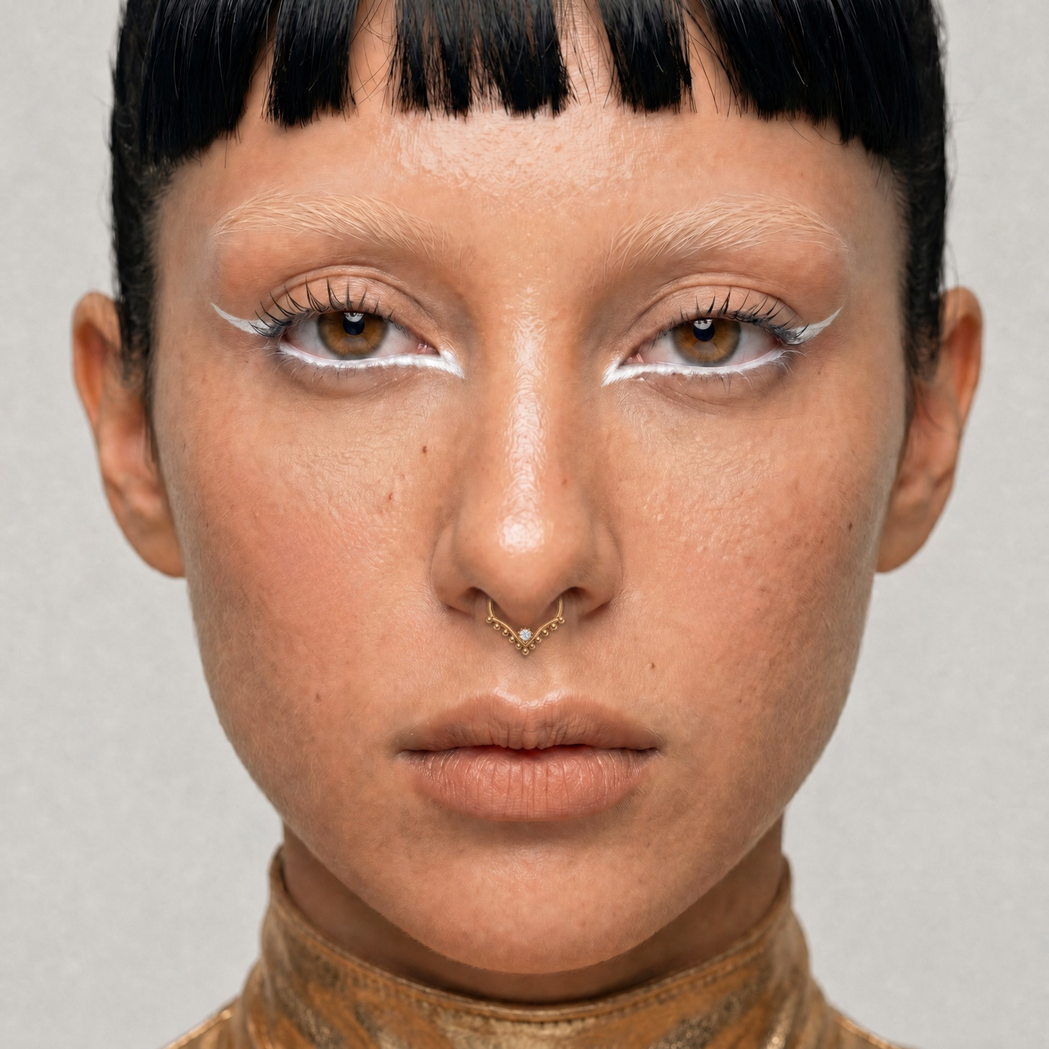 Anneau piercing Raya porté au septum en titane gold sur modèle avec zircon central serti et détails perlés en forme de V