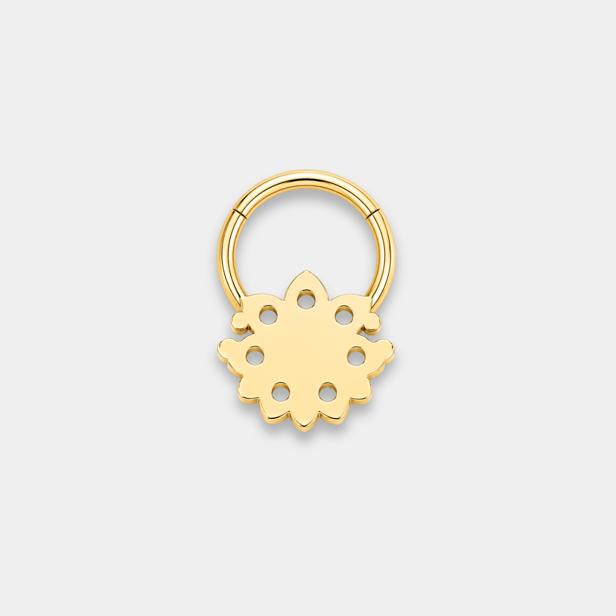 Anneau piercing Solenor en titane gold vu de dos avec zircons sertis et opale blanche en motif floral