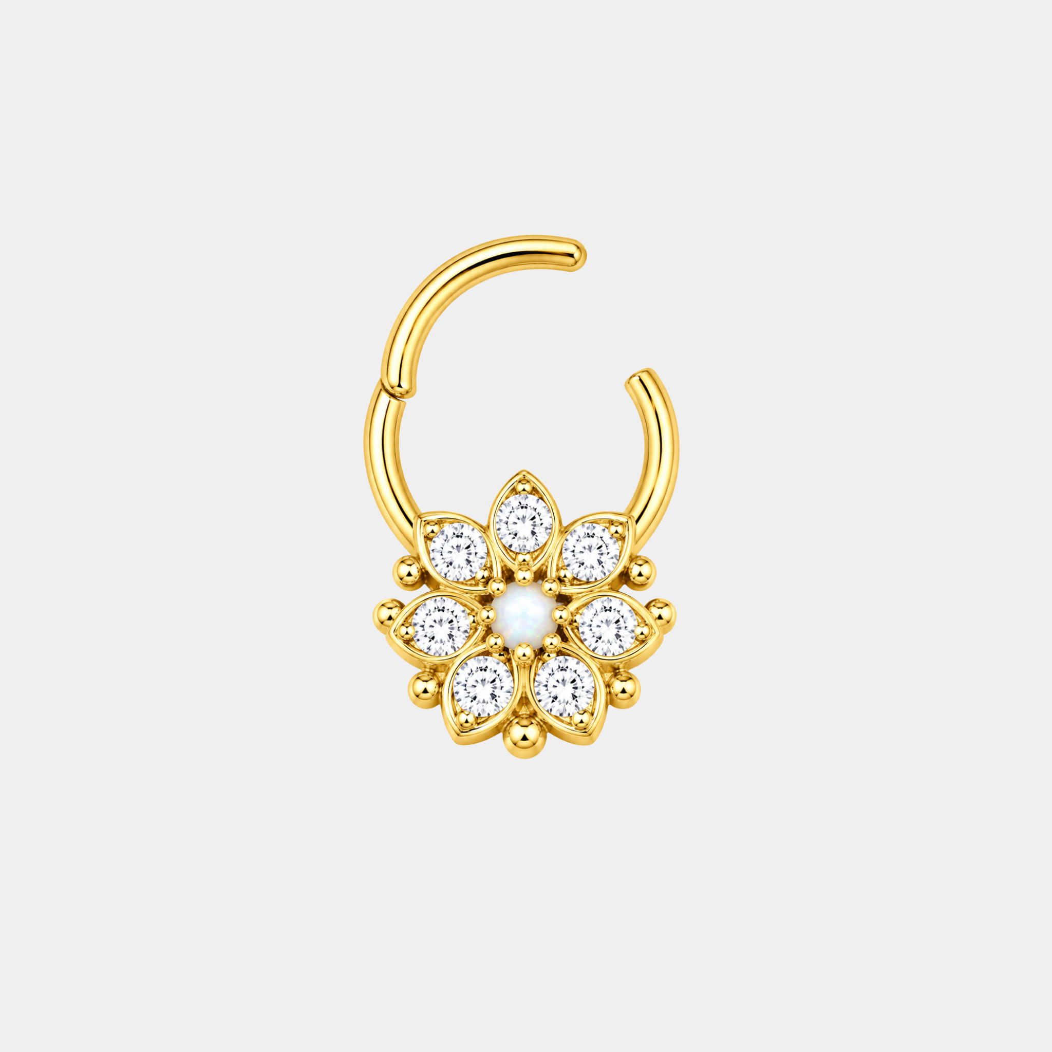 Anneau piercing Solenor ouvert en titane gold avec zircons sertis et opale blanche en motif floral