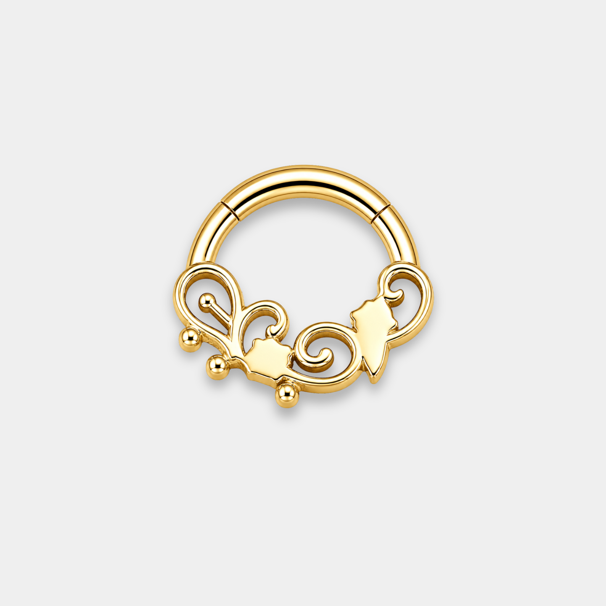 Anneau piercing Solis en titane gold vu de dos avec courbes élégantes et zircons sertis