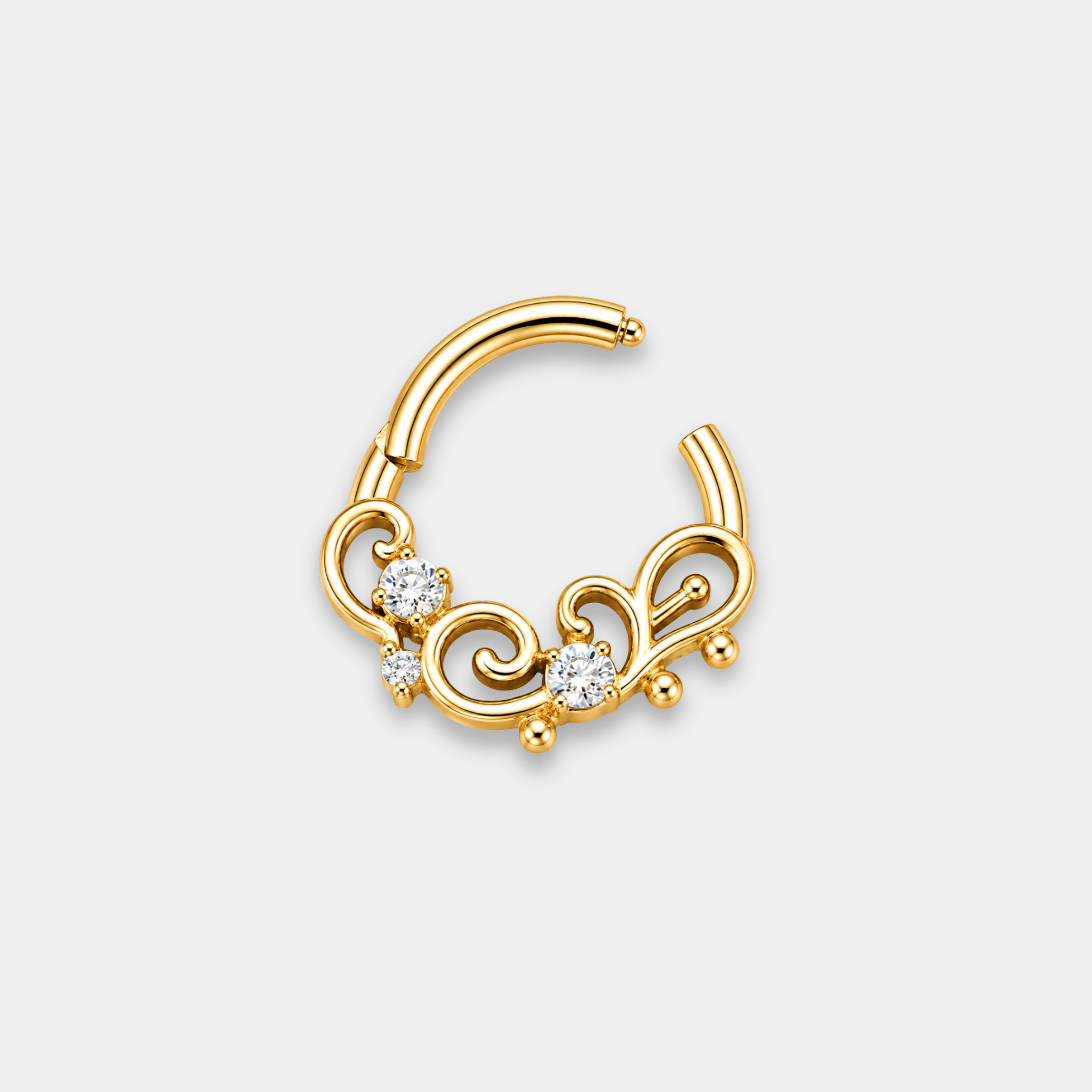 Anneau piercing Solis ouvert en titane gold avec courbes élégantes et zircons sertis