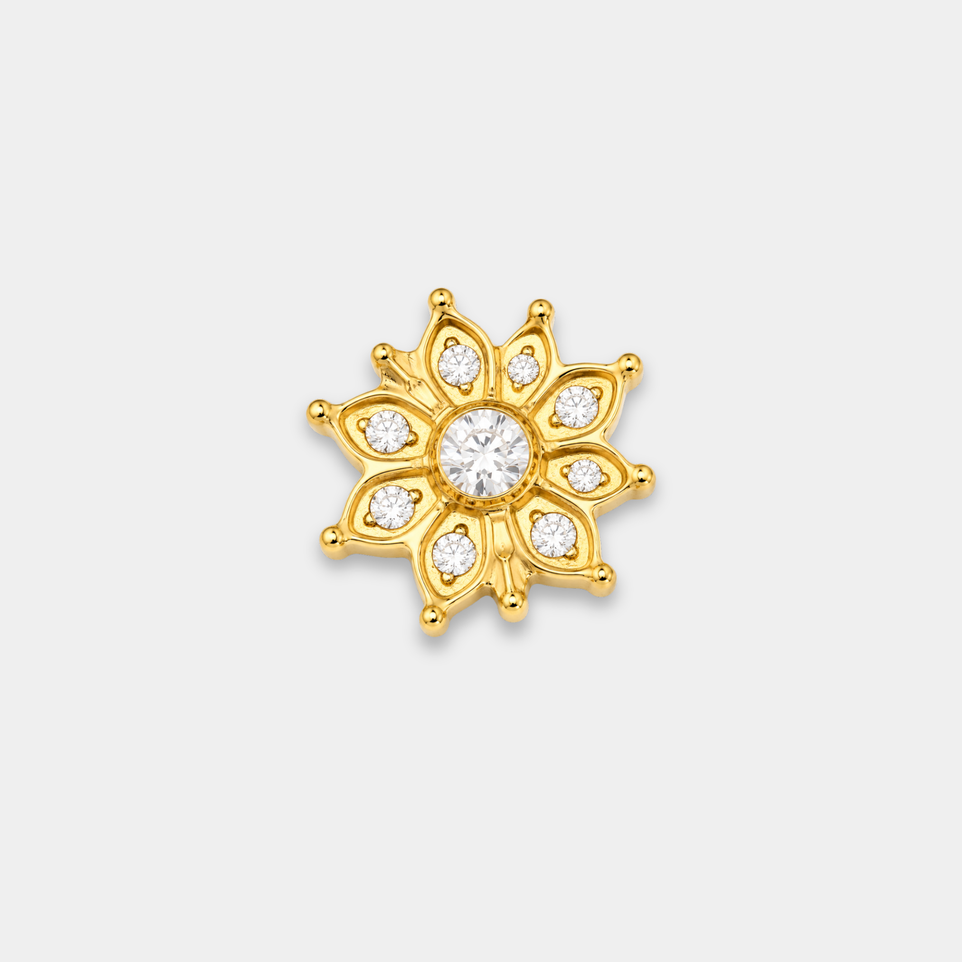 Embout piercing Éclat en titane gold avec zircon central entouré de petits zircons sertis en motif soleil de face