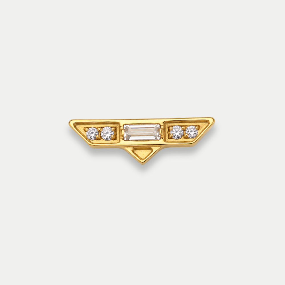 Embout piercing Linea en titane gold, zircon baguette et quatre zircons ronds en forme allongée, vu de face