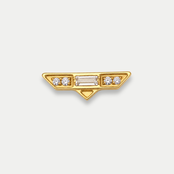 Embout piercing Linea en titane gold, zircon baguette et quatre zircons ronds en forme allongée, vu de face