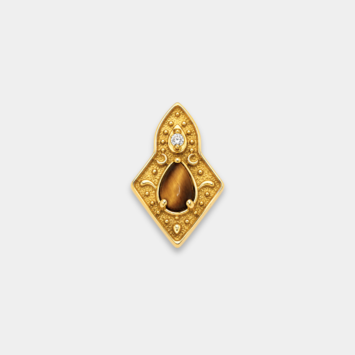 Embout piercing Noma en titane gold avec zircon blanc et pierre naturelle œil de tigre, vu de face