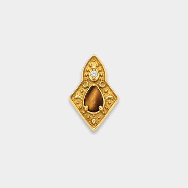 Embout piercing Noma en titane gold avec zircon blanc et pierre naturelle œil de tigre, vu de face