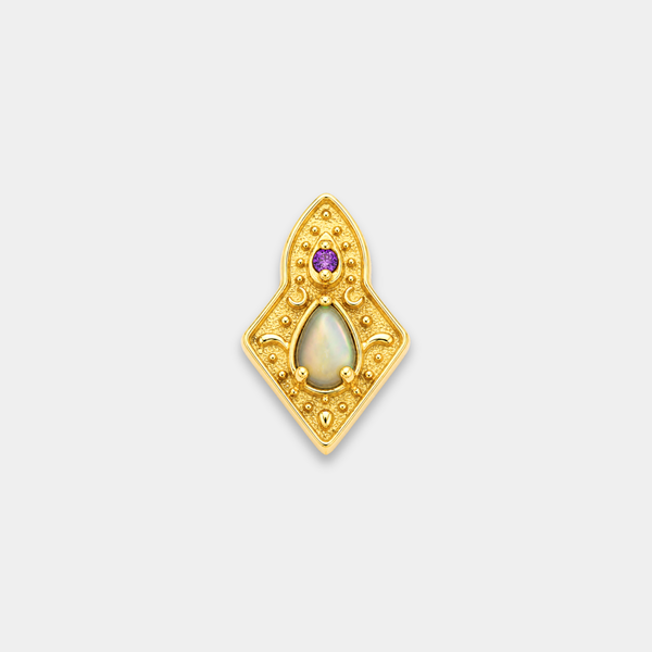 Embout piercing Noma en titane gold avec zircon violet et pierre naturelle nacre abalone, vu de face