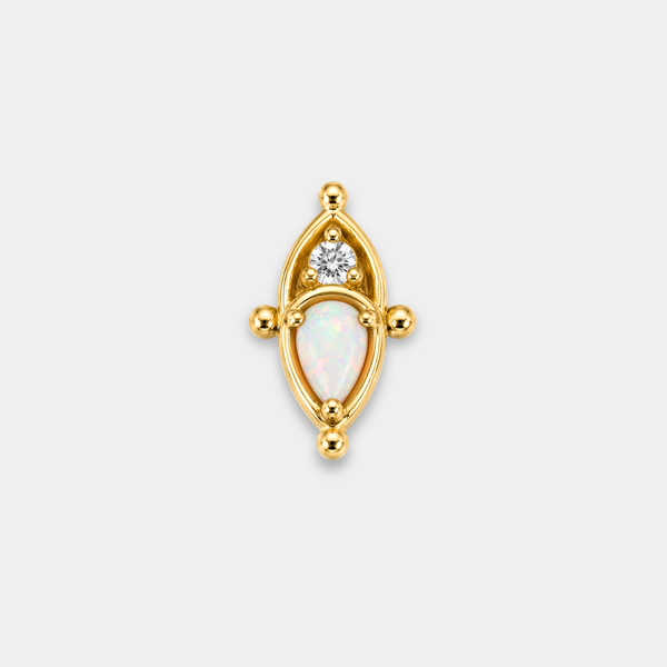 Embout piercing Nova en titane gold avec zircon rond blanc serti, opale blanche en forme de goutte et contours délicatement ajourés de face