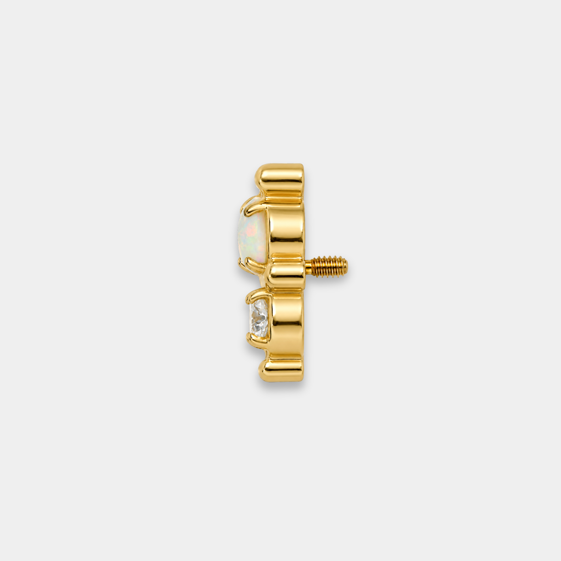 Embout piercing Nura aperçu de côté en titane gold avec opale blanche lumineuse, zircon rond serti et détails perlés délicats