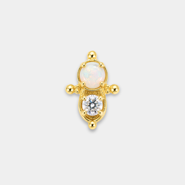 Embout piercing Nura en titane gold avec opale blanche lumineuse, zircon rond serti et détails perlés délicats de face