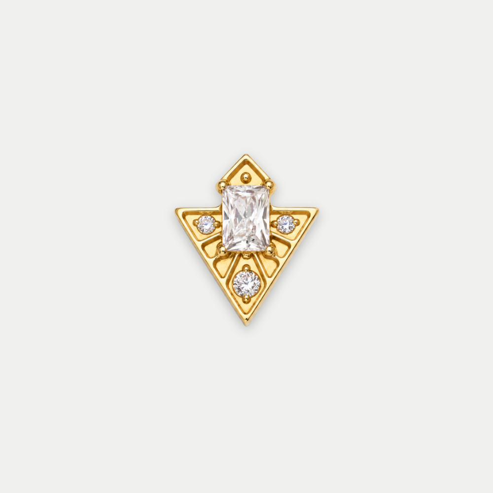 Embout piercing Trias en titane gold, zircon rectangle et petits zircons en forme triangulaire, vu de face