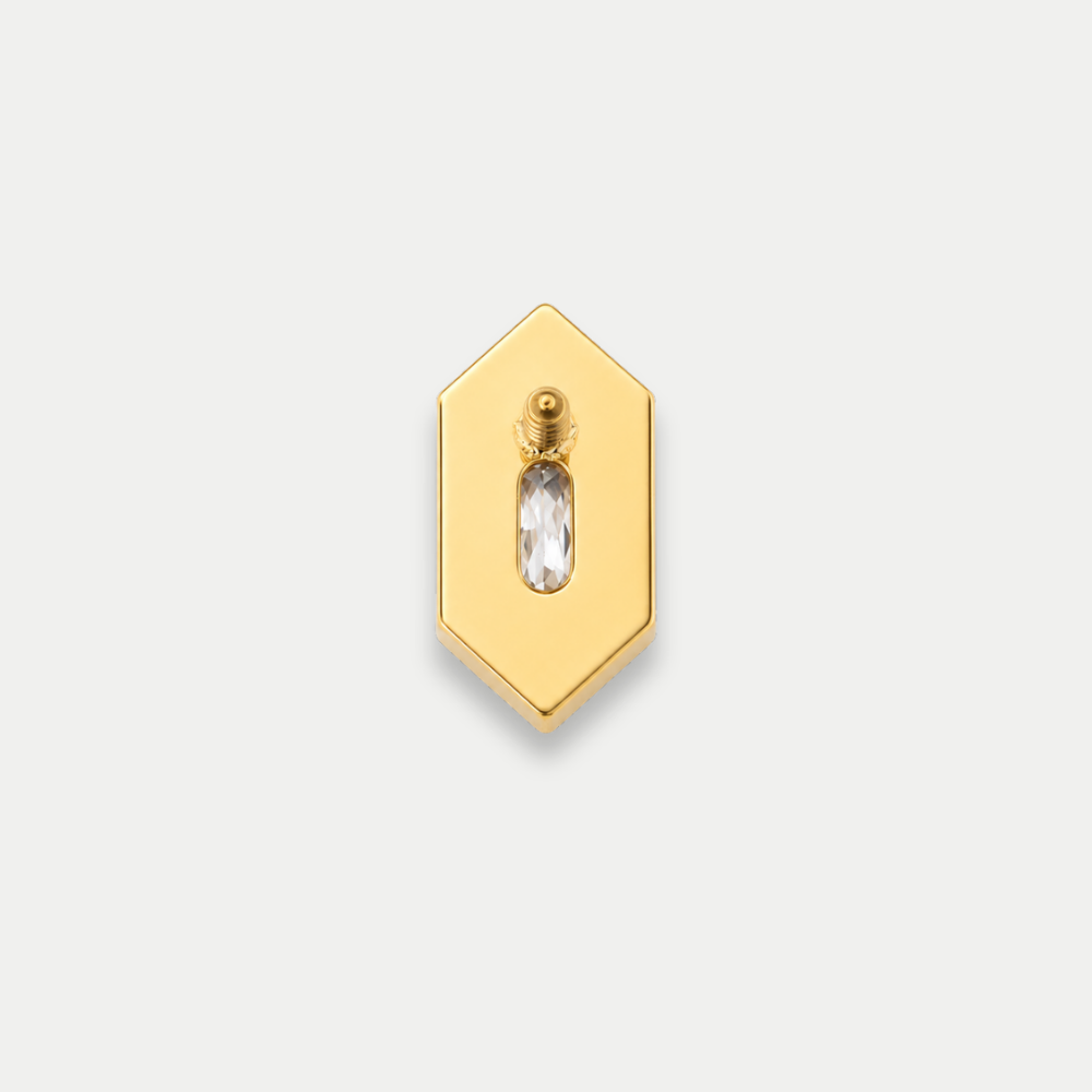 Embout piercing Vector en titane gold, zircon baguette entouré de zircons ronds, vu de dos