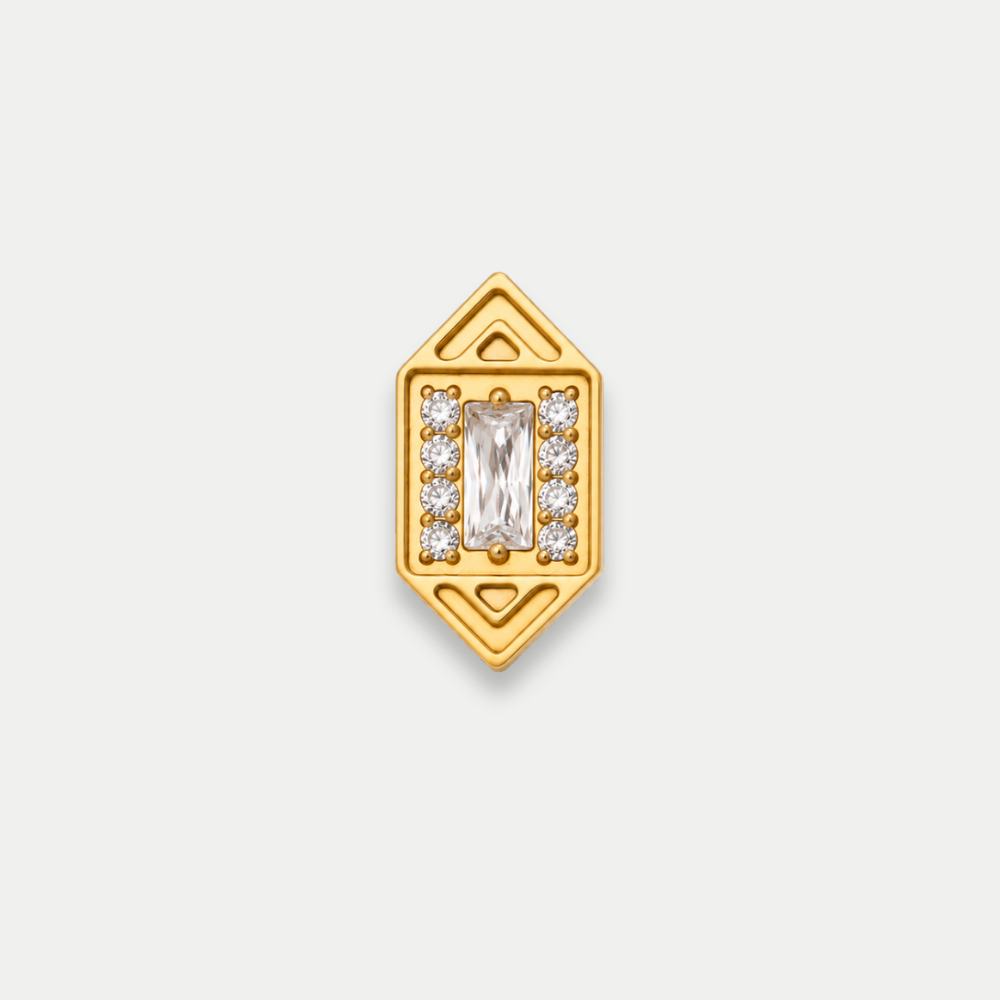 Embout piercing Vector en titane gold, zircon baguette entouré de zircons ronds, vu de face